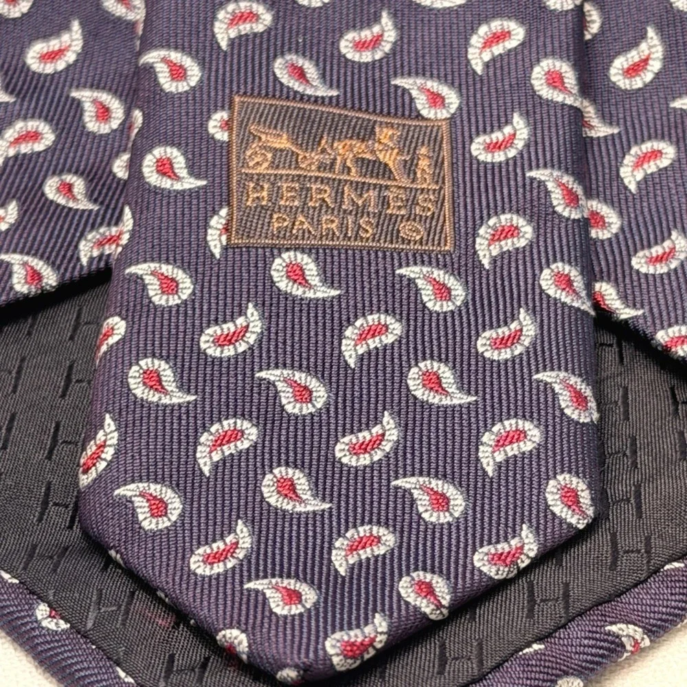 Hermes Vintage Navy Blue and Red Paisley 100% Silk Tie